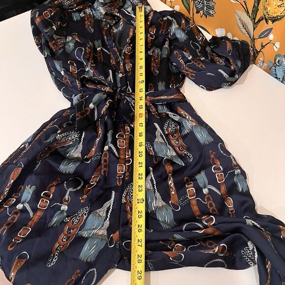 Fashion Nova The Entertainer Satin Jumpsuit Navy Sz XS Chain Tassel Print Rodeo - Picture 14 of 15